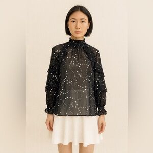 Maje black white star print sheer blouse size 1